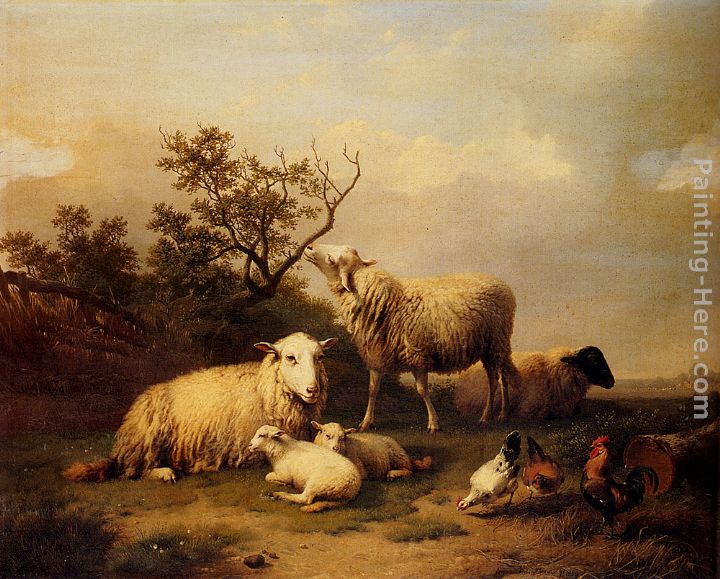 Eugene Verboeckhoven Sheep With Resting Lambs And Poultry In A Landscape